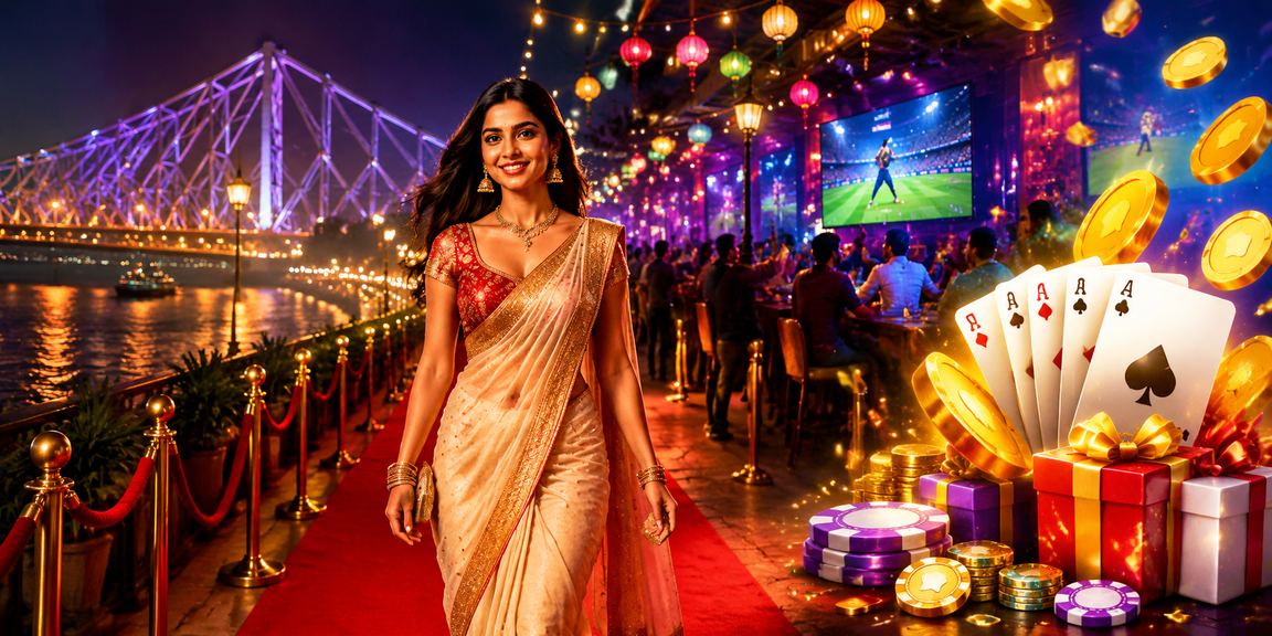 Night market scene by Howrah Bridge with cricket betting promotions in Kolkata